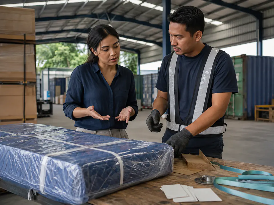 Wakil pemilik barang dan packer menyemak barang berpelindung